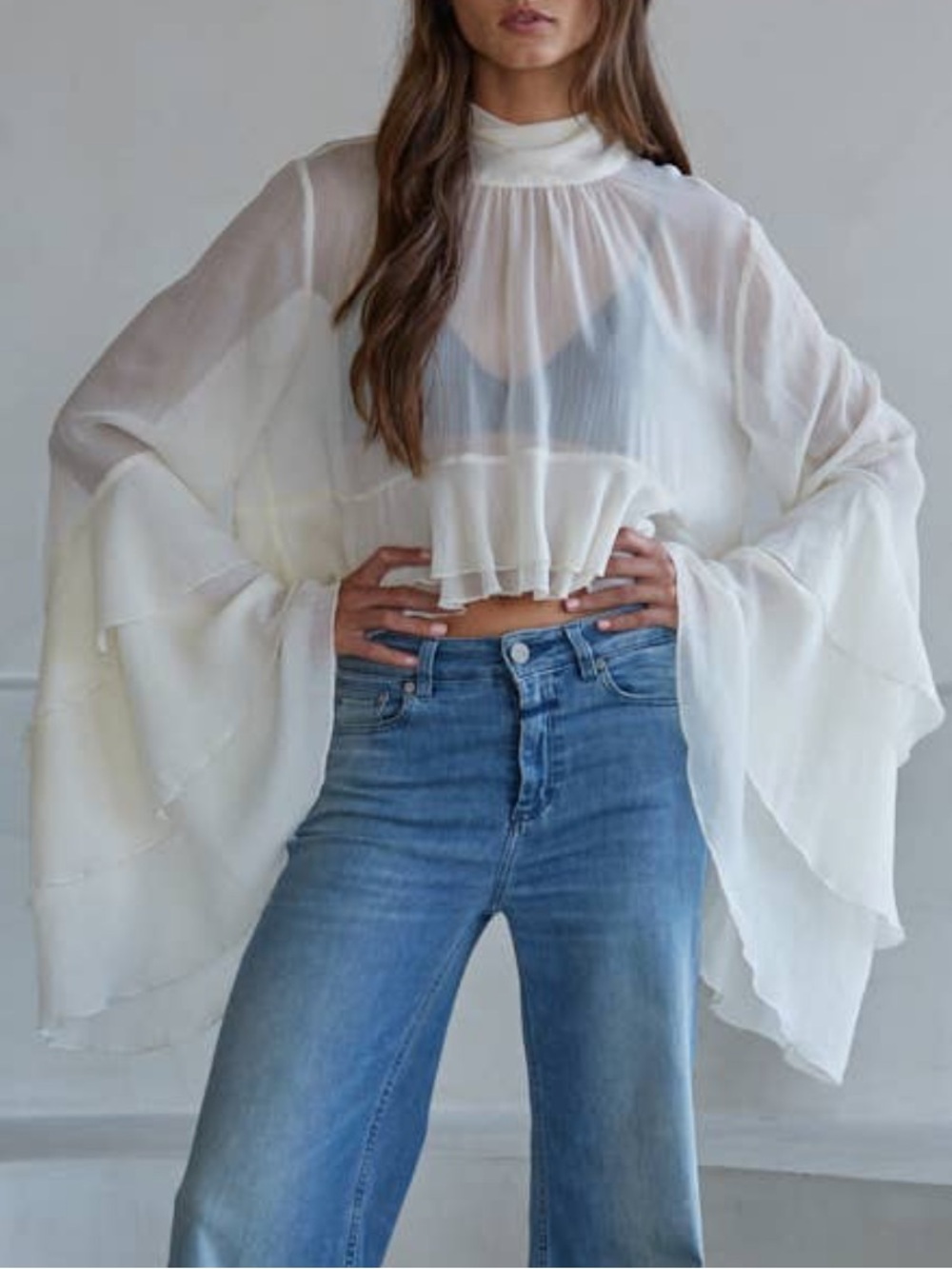 By Together Sheer Ruffle Chiffon Blouse - Cream small
